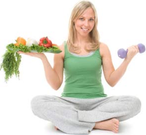 Lady with healthy food and exercise equipment