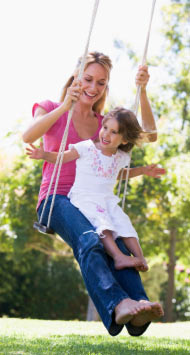 mother and daughter happy playing on swing